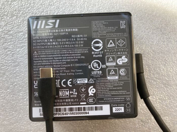 Original MSI A21-100P1A 20V 5A USB Type-C A100AP05P P14 P15 A12 E16 MS-16S8 Charger 100W Notebook Power Supply Cord