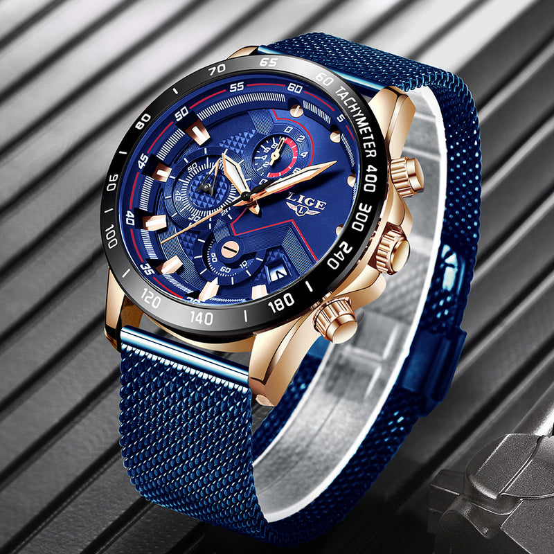 2019 New Blue Casual Mesh Belt Fashion Quartz Gold Watch