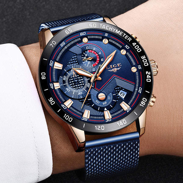 2019 New Blue Casual Mesh Belt Fashion Quartz Gold Watch