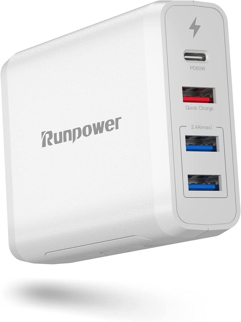 Original Charger USB Charger,60W USB C Fast Charger, 4-Port Portable Charger with 60W(USB C) & 18W(USB A) Quick Charge Ports and Dual USB A Ports 12W, USB C Wall Charger for Laptop, Phone, Tablet and More
