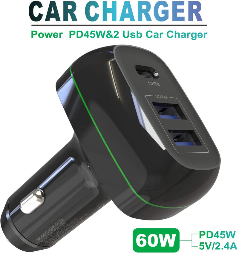 Original Charger USB C Car Charger, 60W 3 Port Fast Charge Car Charger with USB C PD3.0 & Dual USB A, for 12/12 Pro Max/12 Mini/11/11 Pro Max/XR/X/8/7, Galaxy S10/S9/S8, Note, Pixel (Black)