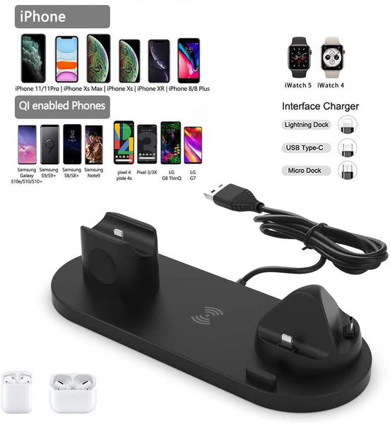 4 in 1 Apple iPhone, iWatch series 4 series 5, Samsung Galaxy Series, Android Device Charging Dock Station