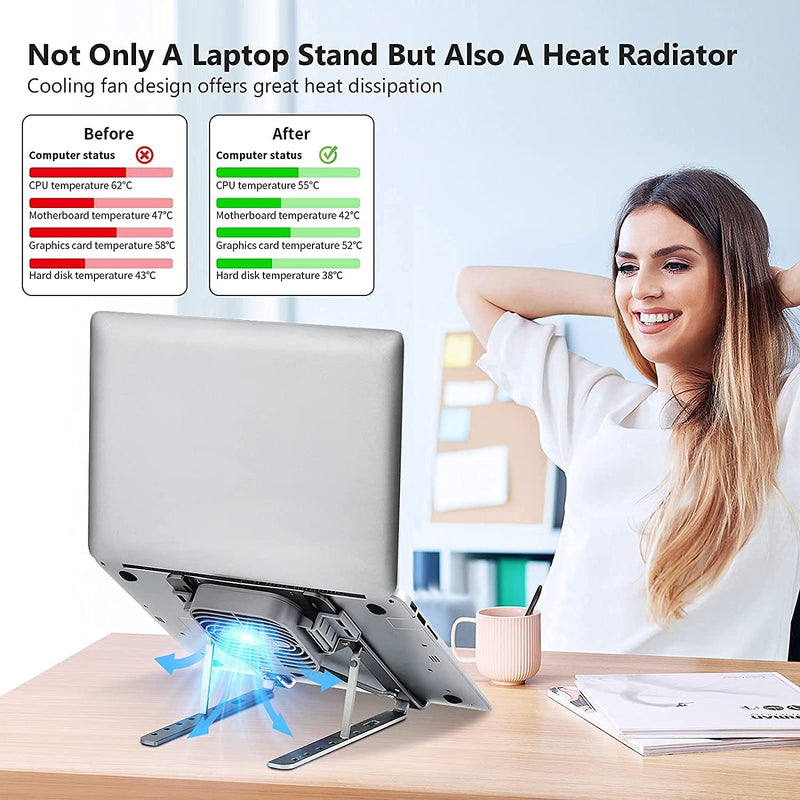 Laptop Stand, Adjustable Laptop Stand with a Removable USB Cooling Fan, Computer Stand with Heat-Vent, Foldable & Sturdy Aluminum Laptop Riser for MacBook Air Pro/Dell XPS/More 10-15.6" Laptops (Gray)
