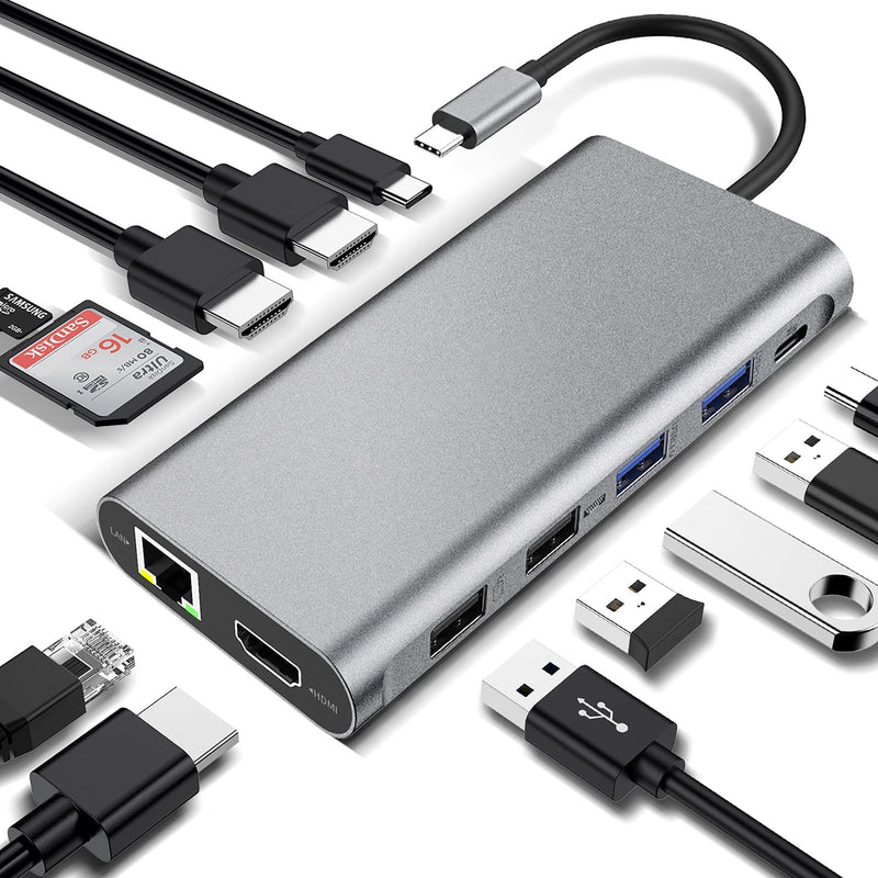 USB C Docking Station- 12 in 1 Type C Hub with Triple 4K HDMI, PD Charging, USB 3.0 Type C Port, 2 USB 3.0, 2 USB 2.0, SD/TF Card Reader for Mac Pro, Type C Laptops/Tablets/Smartphone