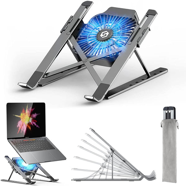Laptop Stand, Adjustable Laptop Stand with a Removable USB Cooling Fan, Computer Stand with Heat-Vent, Foldable & Sturdy Aluminum Laptop Riser for MacBook Air Pro/Dell XPS/More 10-15.6" Laptops (Gray)