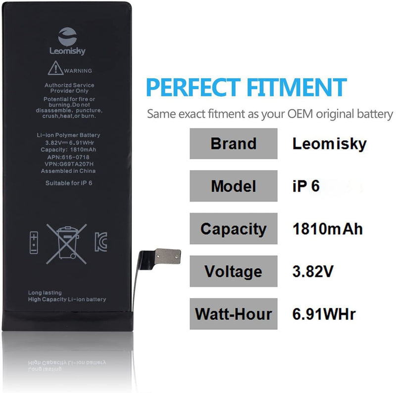 Original Battery for Model IP 6-Repair Tools Kits and and Instructions,Replace Your Battery in 15 Min - 1 Year Warranty [3.8V 1810mAh Li-ion]