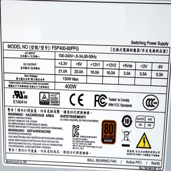 New Original PSU Power Supply Advantech/FSP 80plus Bronze -5V 400W Switching Power Supply FSP400-60PFG PS8-400ATX-ZE 96PS-A400WPS2
