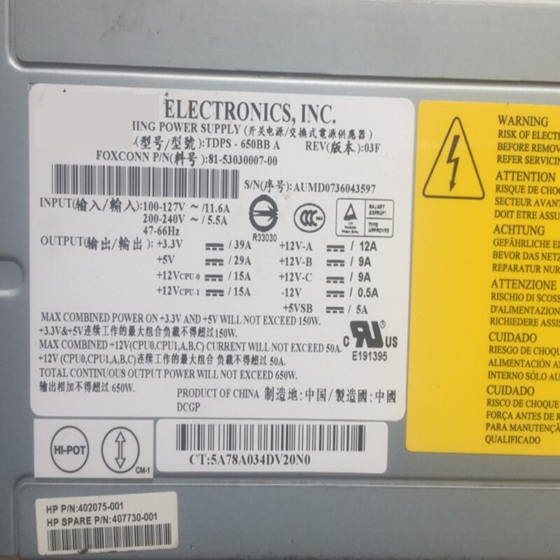 NEW Power Supply  Original PSU For HP ML150G3 650W Switching Power Supply TDPS-650BB A 407730-001 402075-001