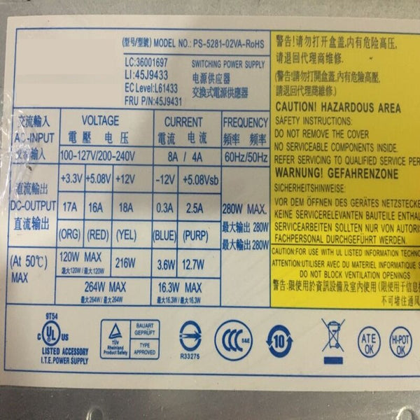 New Original PSU Power Supply Lenovo 280W Switching Power Supply PS-5281-02VA PS-5281-02VA-RoHS 45j9433 36001697 45j9431
