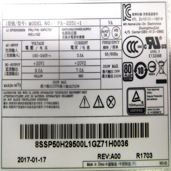 New Original PSU Power Supply Lenovo AIO 720-24IKB 6Pin 250W Switching Power Supply PA-2251-1 00PC731