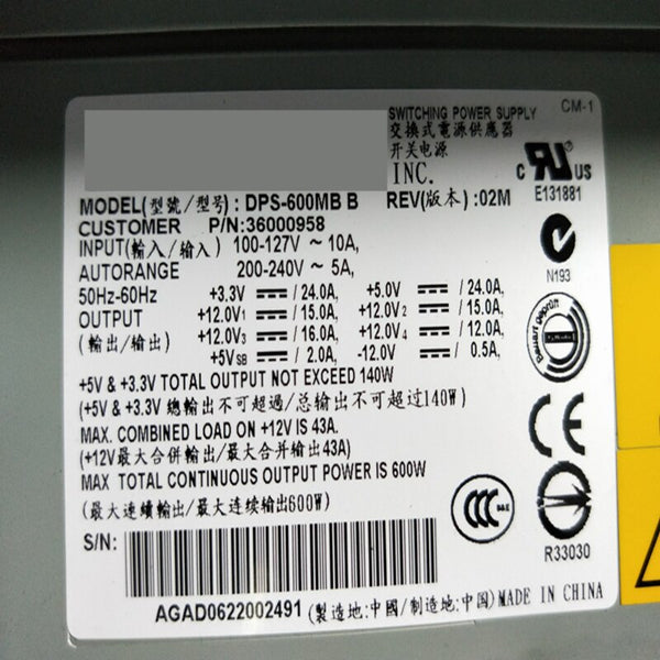 New Original PSU Power Supply Lenovo T220 R350 T350 T280G2 600W Switching Power Supply DPS-600MB B 36000958
