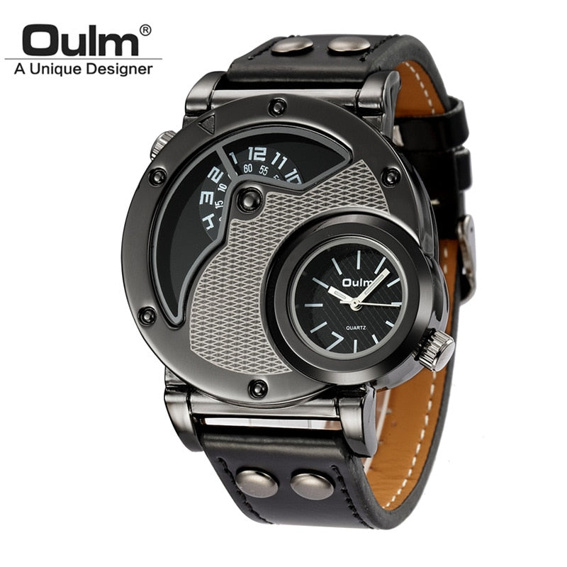 Two Time Zone SportsMilitary Leather Strap Watch