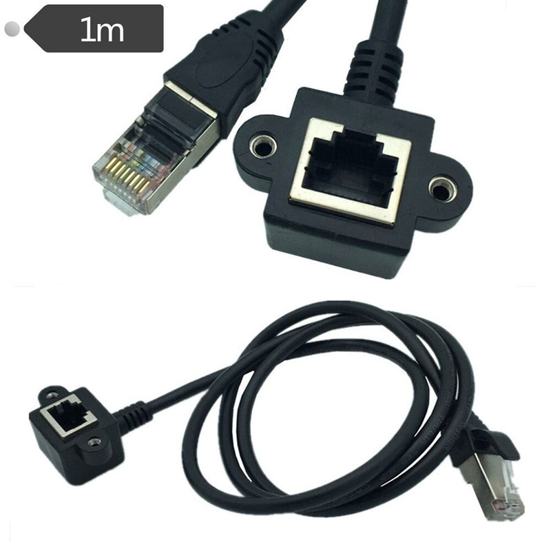 RJ45 Male to 90 Degree Right Angle Female M/F Screw Lock Panel Mount Extension Ethernet CAT5 100Mbps 8P8C Cable 100cm + Screws