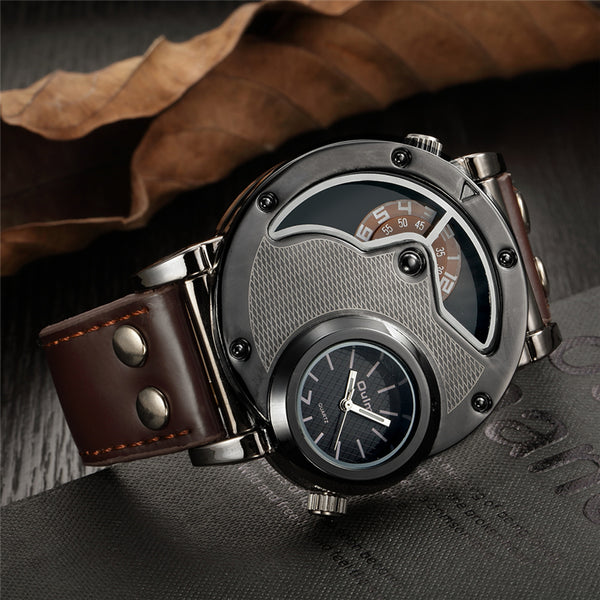 Two Time Zone SportsMilitary Leather Strap Watch