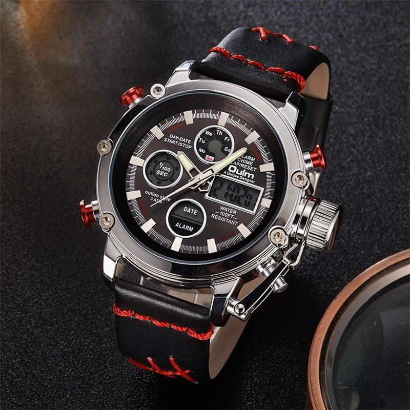 Oulm Quartz Dual Display LED Watches Men Leather