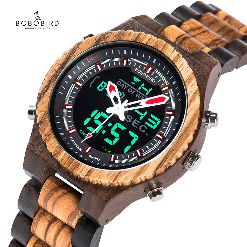 Wood Wristwatch LED Dual Display Auto Date Watch