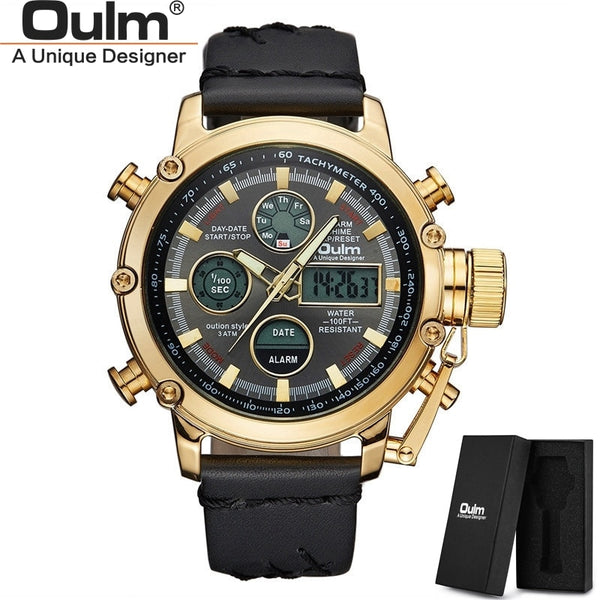 Oulm Quartz Dual Display LED Watches Men Leather