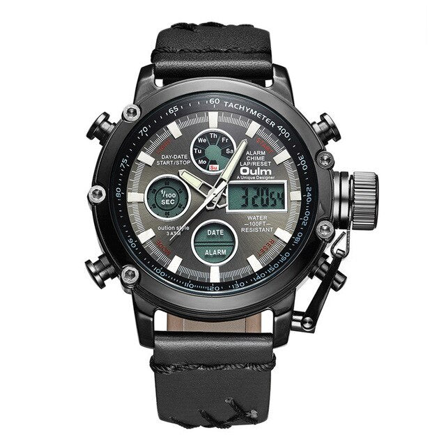 Oulm Quartz Dual Display LED Watches Men Leather