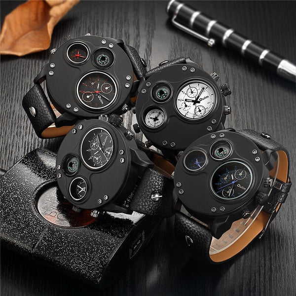 Oulm Unique Two Time Zone Watches Men Compass