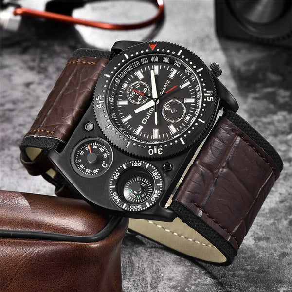 Oulm Wrist Watch Men Casual Quartz Wide Leather Compass Thermometer