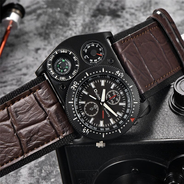 Oulm Wrist Watch Men Casual Quartz Wide Leather Compass Thermometer