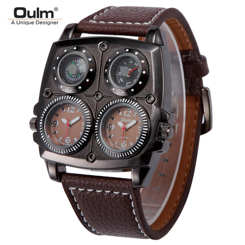 Oulm Mens Watches Leather Band 2 Time Zone Creative