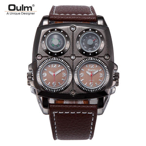 Oulm Mens Watches Leather Band 2 Time Zone Creative