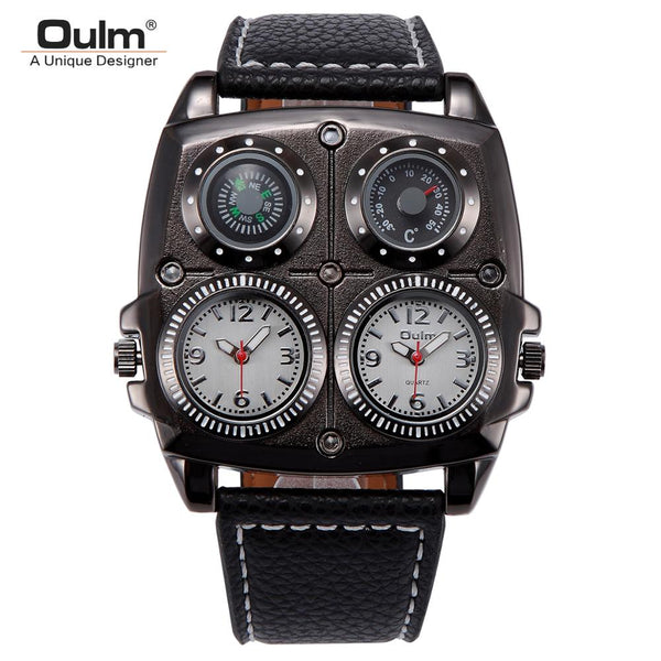 Oulm Mens Watches Leather Band 2 Time Zone Creative