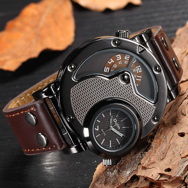 Two Time Zone SportsMilitary Leather Strap Watch