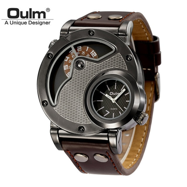 Two Time Zone SportsMilitary Leather Strap Watch