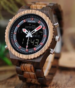 Wood Wristwatch LED Dual Display Auto Date Watch