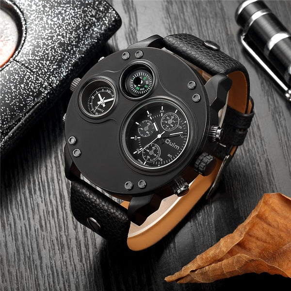 Oulm Unique Two Time Zone Watches Men Compass