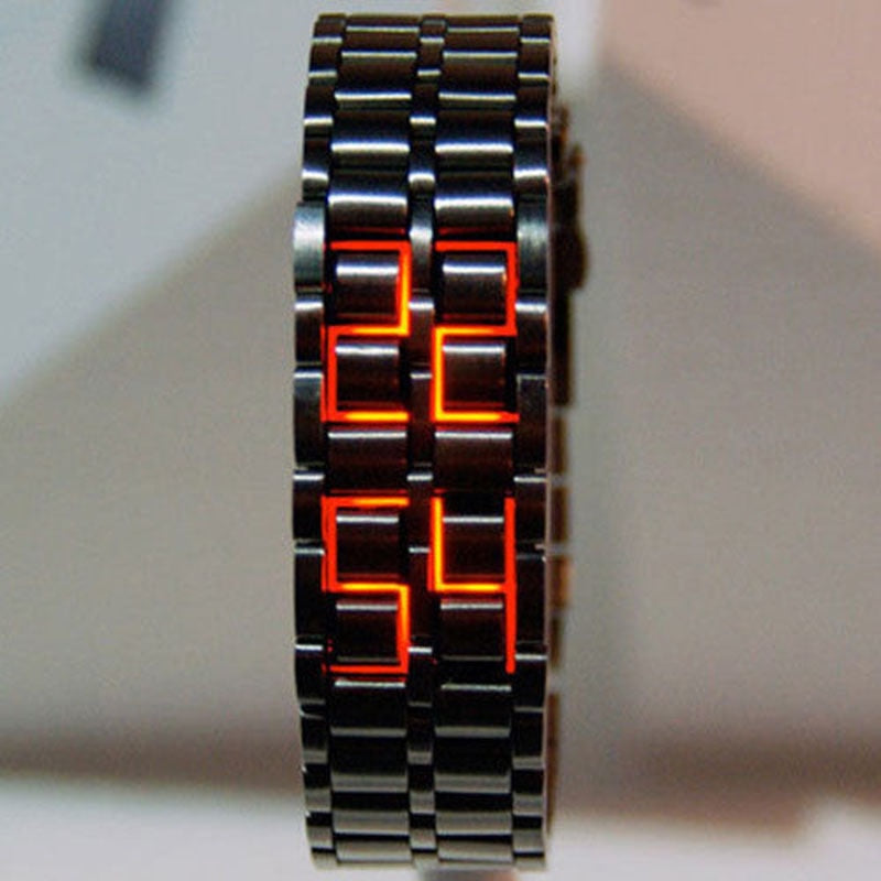 Black Full Metal Digital Lava Wrist Watch Red LED Samurai