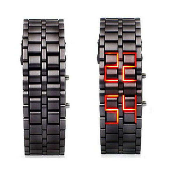 Black Full Metal Digital Lava Wrist Watch Red LED Samurai