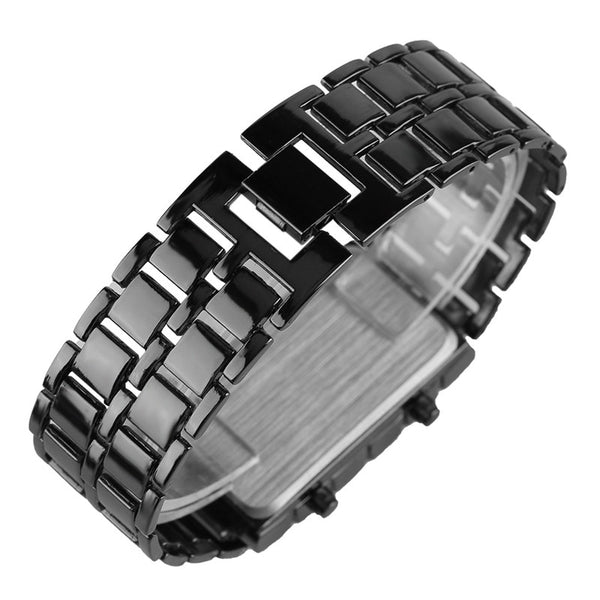Black Full Metal Digital Lava Wrist Watch Red LED Samurai