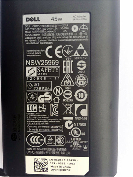 Original NEW 45W AC Adapter Charger For Dell XPS 13 9360 9365 19.5V2.31A Power Supply Charger