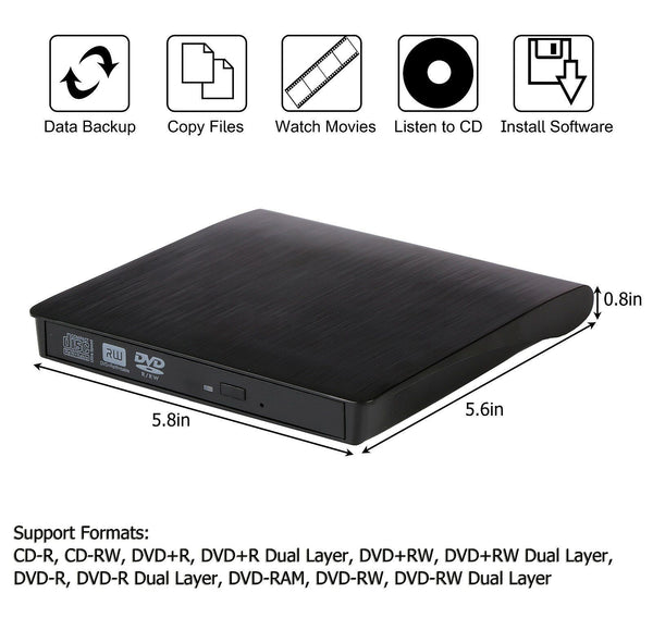 Slim External USB DVD RW CD Writer Burner Reader Player Drive For Mac PC Laptop Macbook