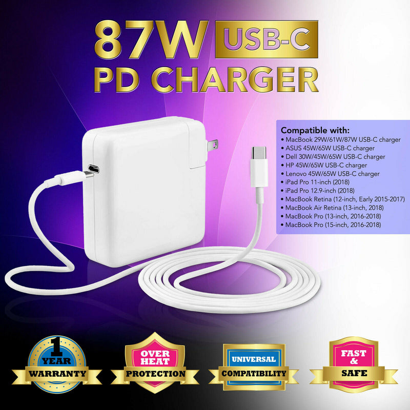 Replacement Laptop Charger 87W USB-C AC Power Supply Adapter Type-C For Mac Air Thunderbolt