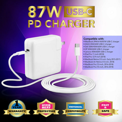 Replacement Laptop Charger 87W USB-C AC Power Supply Adapter Type-C For Mac Air Thunderbolt